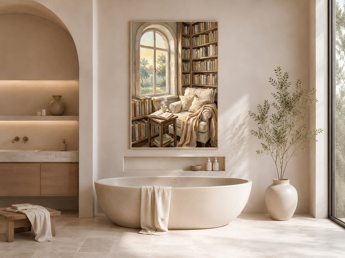 Cozy Library Nook Print, Reading Nook Wall Art - Digital Download