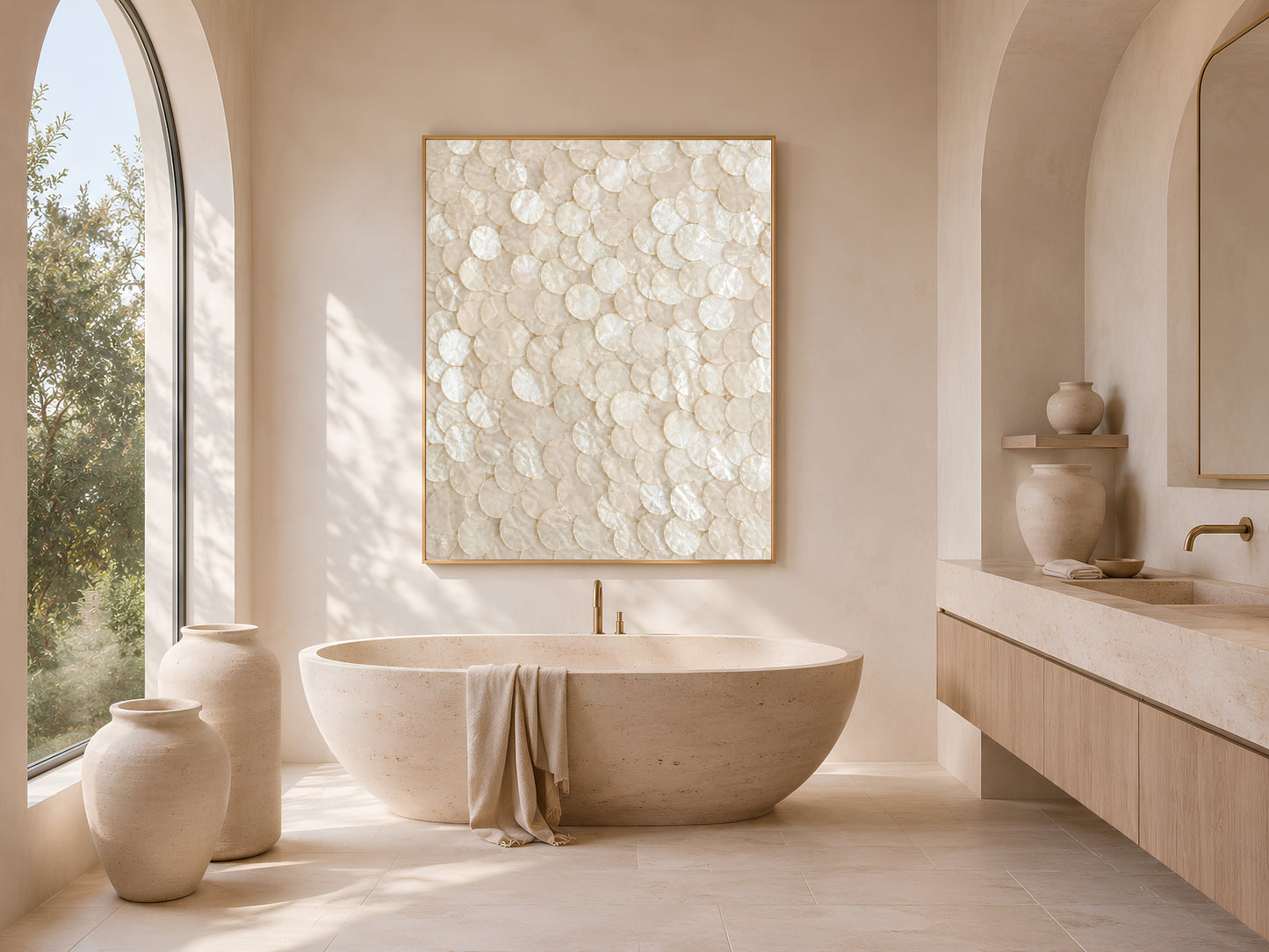 Spa-style bathroom with a soaking tub and capiz shell wall art print framed in gold above
