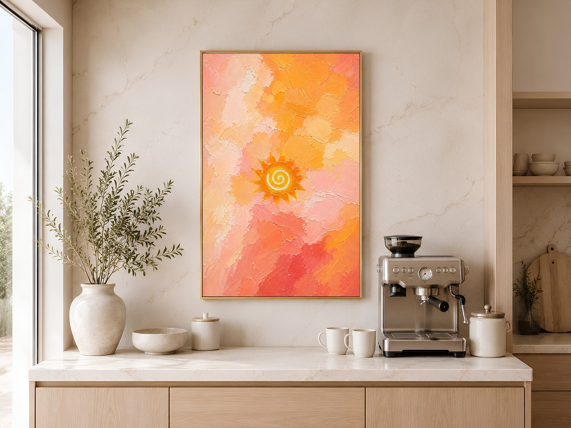 Sun spiral wall art print framed above a counter with espresso machine and vases in a neutral room.
