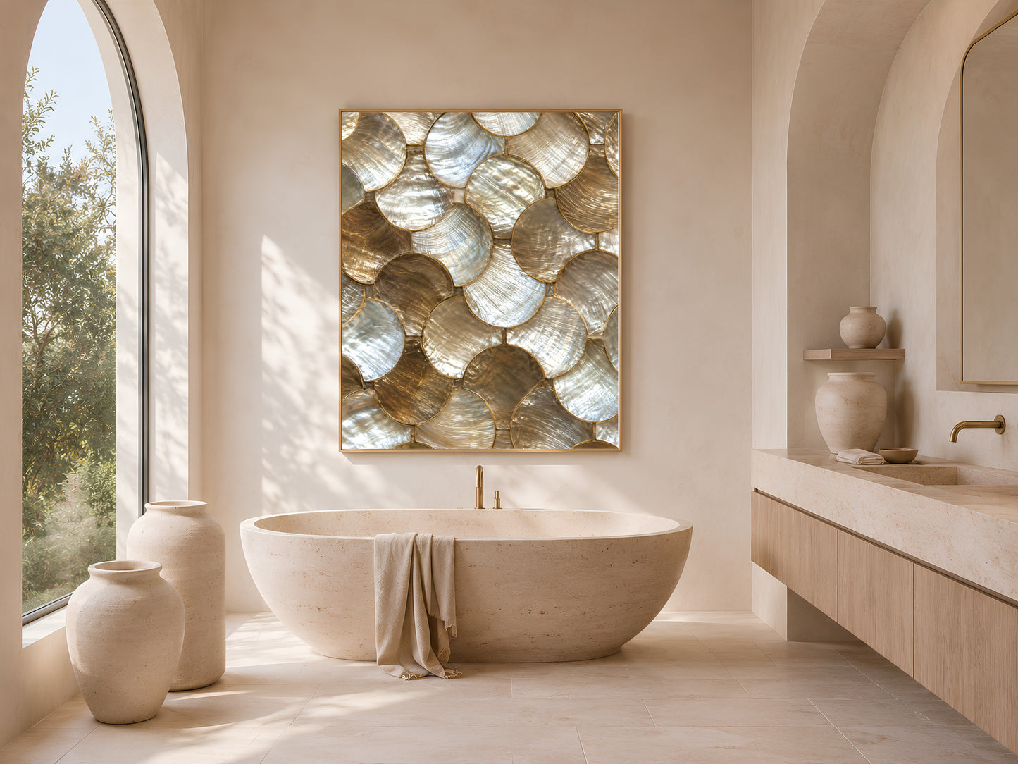 Gold abstract wall art print framed above a freestanding tub in an arched, sunlit bathroom.
