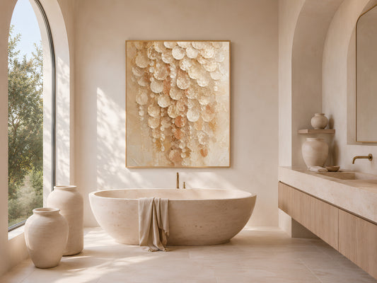Cream capiz shell wall art above freestanding tub in arched bathroom

