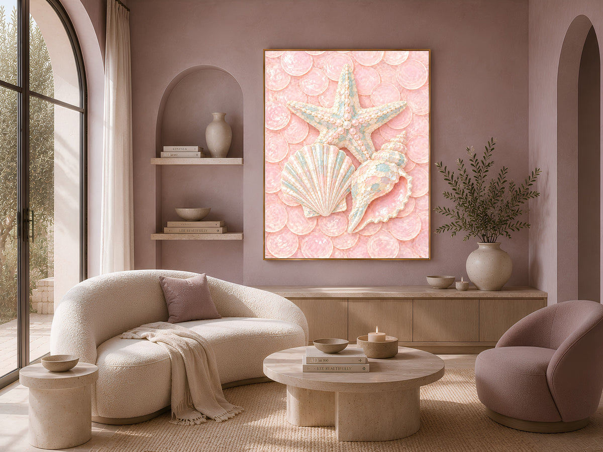 Pink Coastal Seashell Print, Starfish Scallop Conch Wall Art - Digital Download