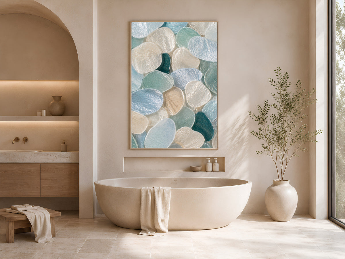 Teal Sea Glass Capiz Shell Wall Art, Deep Blue Ombre Print - Digital Download
