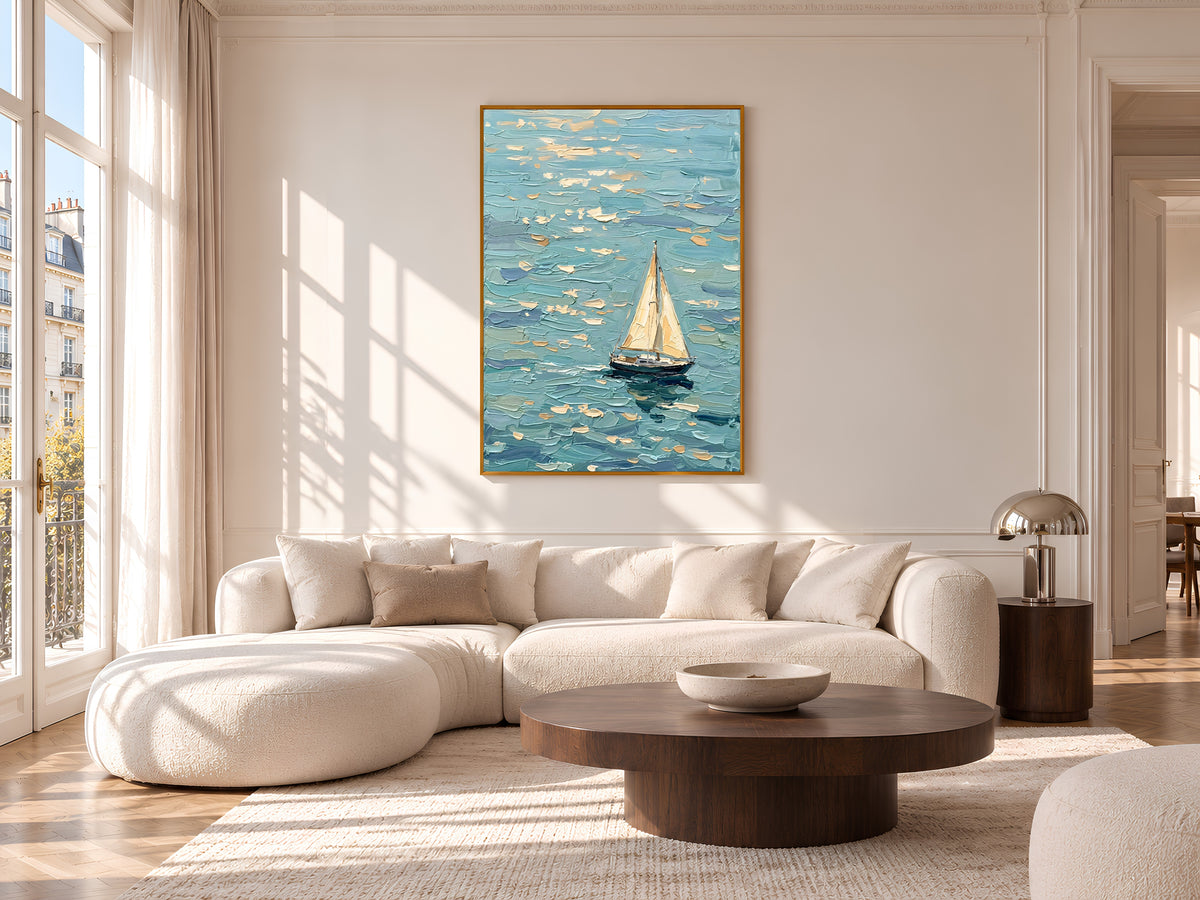 Sailboat Painting Print, Turquoise Ocean Wall Art with Single Sailboat, Textured Impasto Style Seascape, Coastal Printable, Digital Download