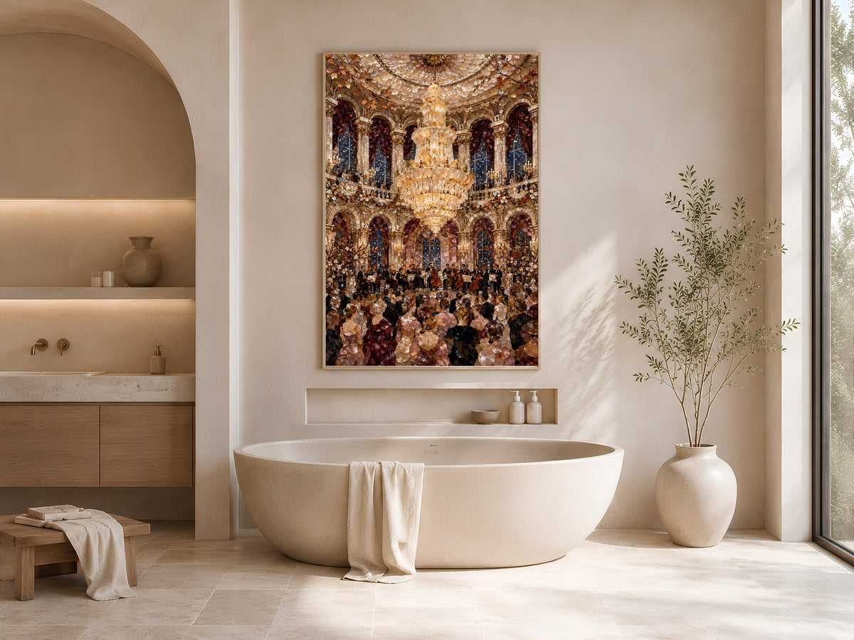 Ballroom wall art framed in a bathroom with a freestanding tub, vanity mirror, and greenery