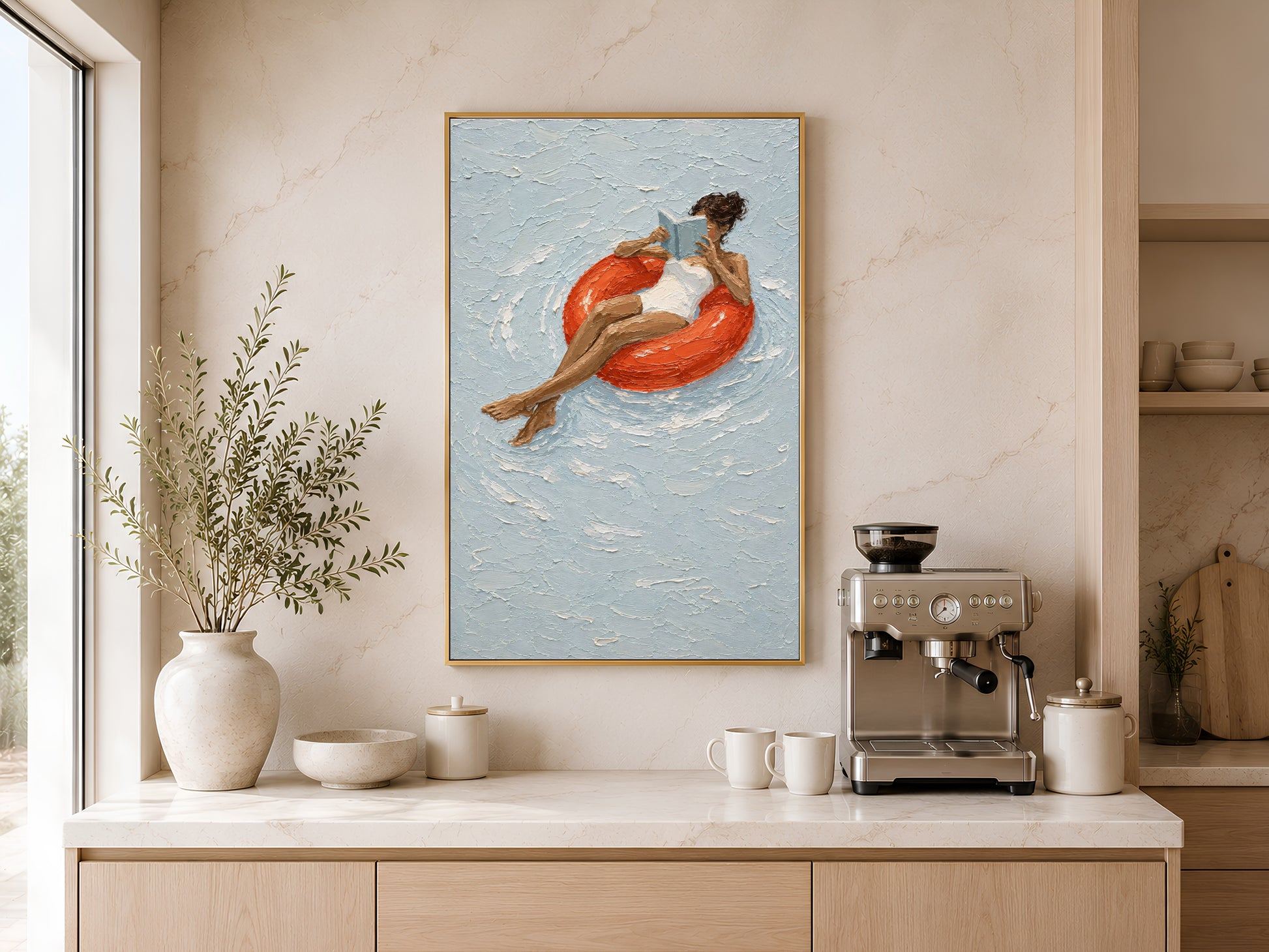 Gold-framed pool float reading woman wall art above a light wood kitchen counter with a coffee station, neutral cabinetry, and a large round ceramic vase

