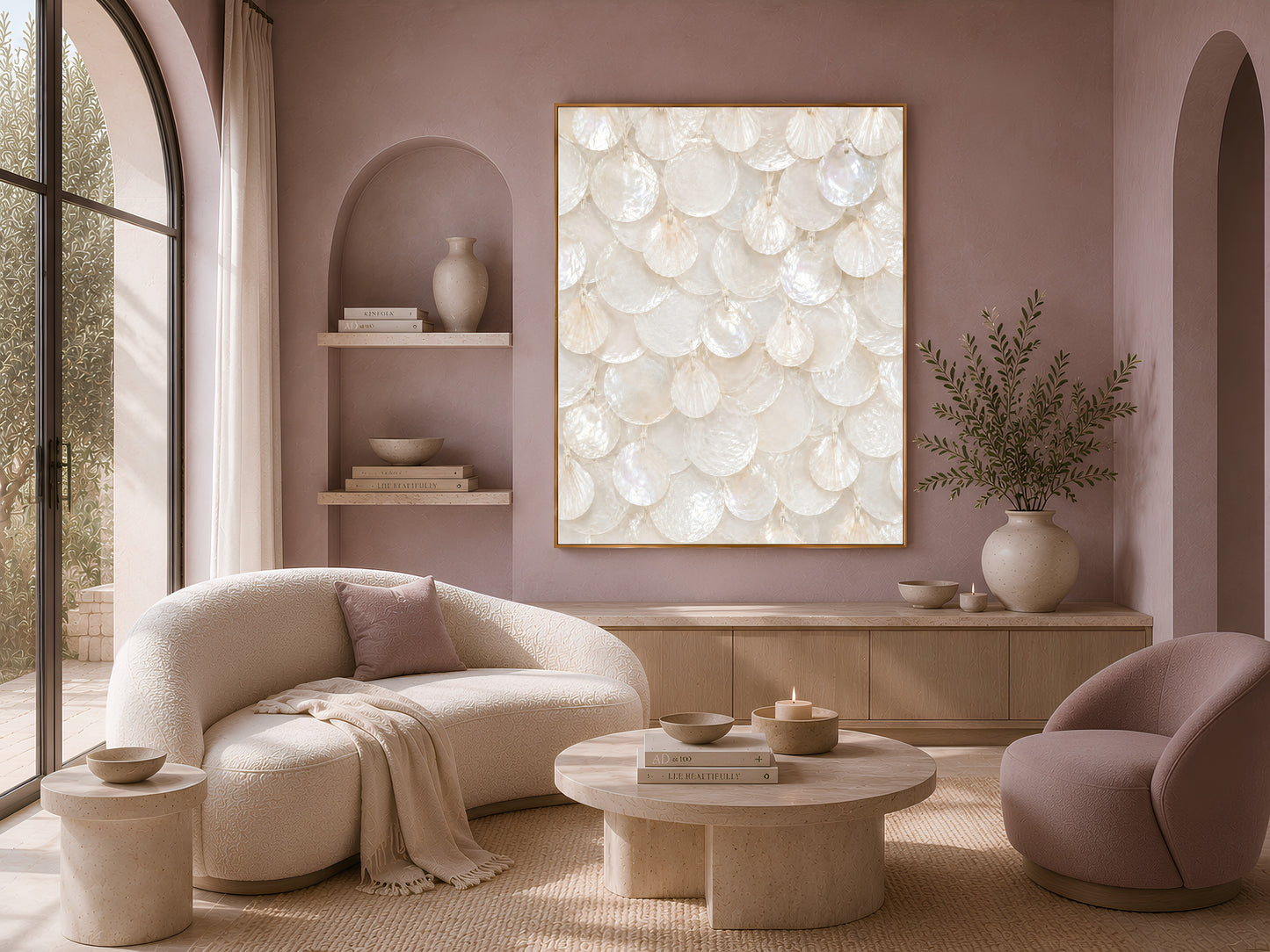 White capiz shell wall art framed on a mauve wall above a cream sofa