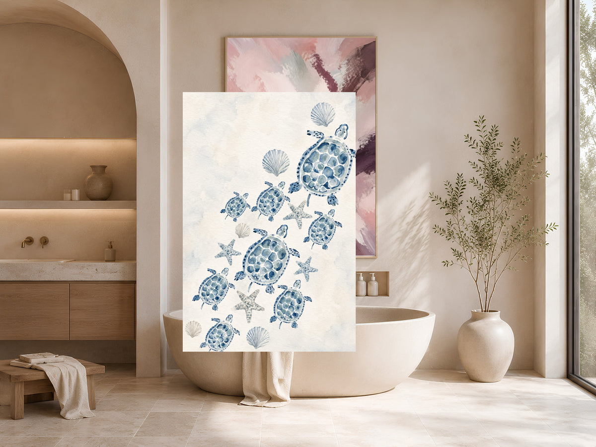 Sea Turtle Nursery Wall Art, Watercolor Blue Coastal Print - Digital Download