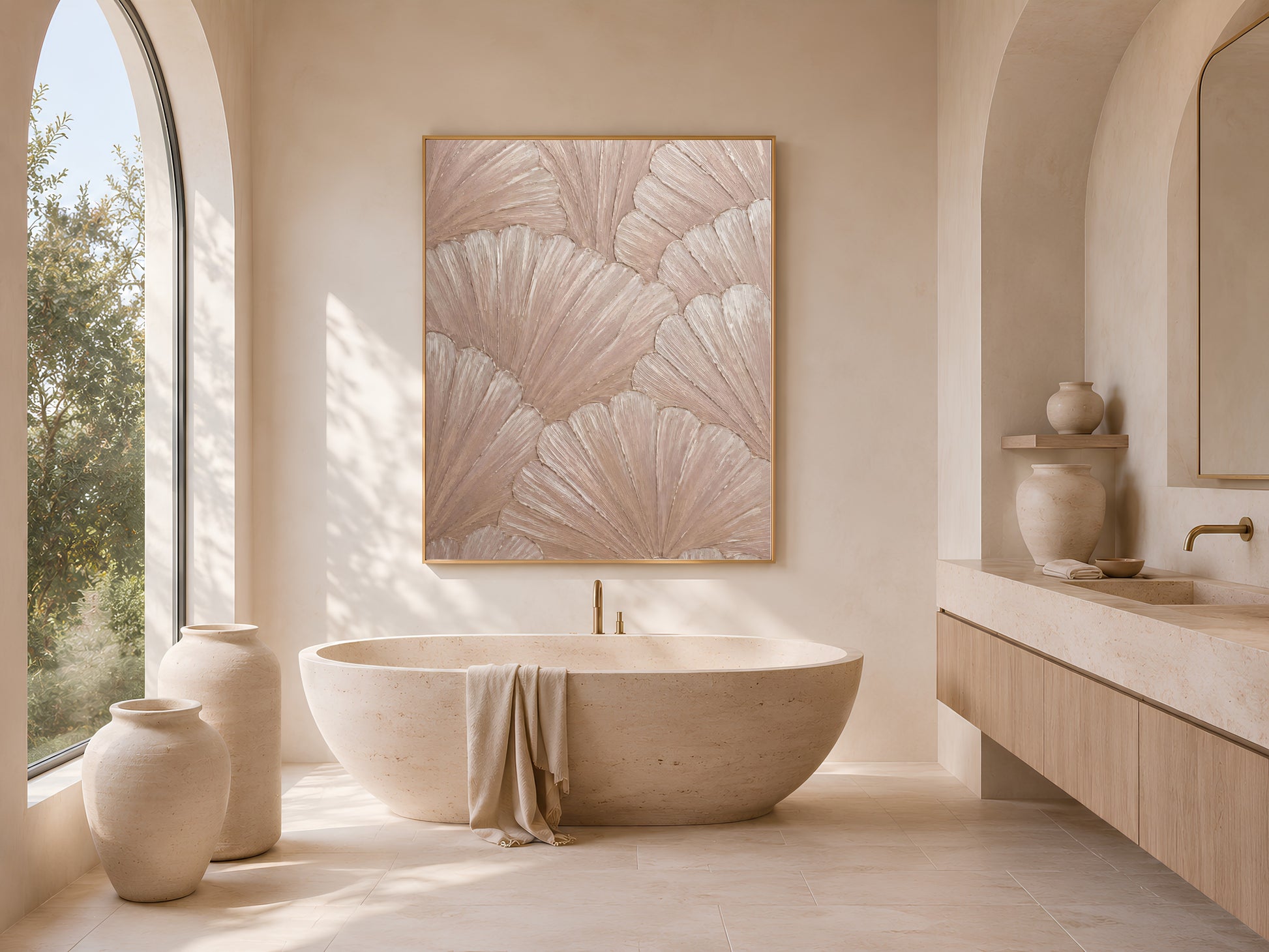 Terracotta and dusty rose mosaic print in a sunlit arched bathroom with a freestanding tub