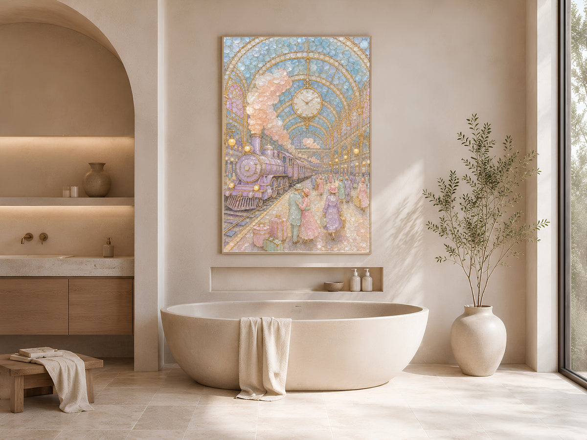 Pastel Vintage Train Station Wall Art, Whimsical Mosaic Print - Digital Download