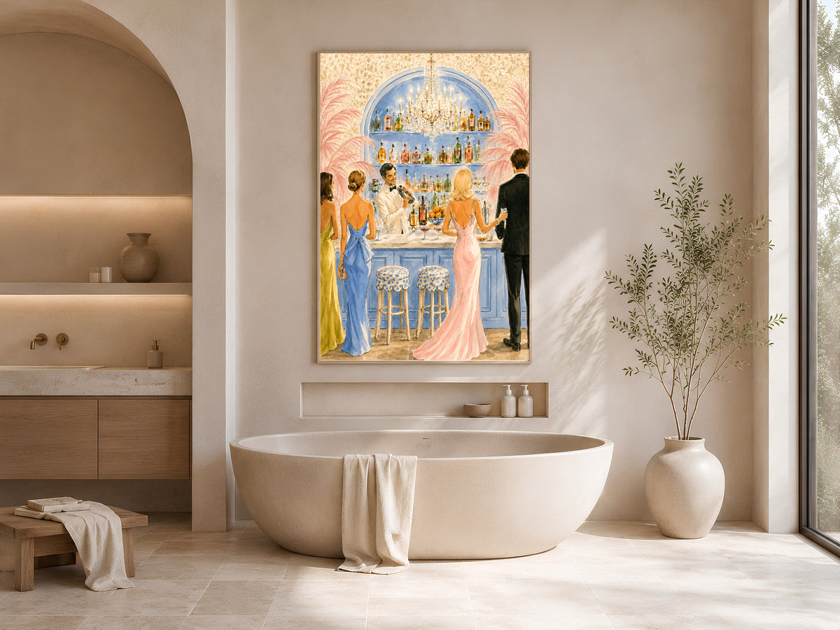 Riviera Cocktail Bar Wall Art, Preppy Pink Watercolor Print - Digital Download