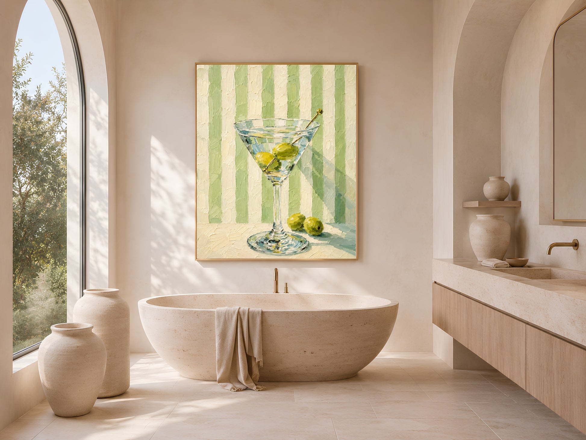 Martini glass print in gold frame above a freestanding bathtub with arched window
