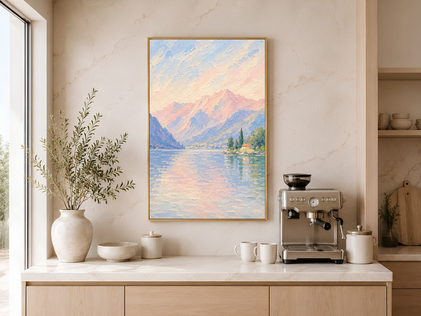 Lake Como wall art print framed above a kitchen counter with espresso machine and ceramic vases.
