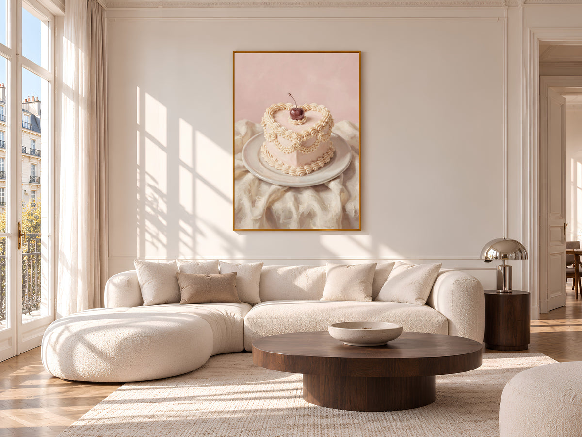 Vintage Heart Cake Painting Print, Pink Cherry Cake Still Life, Coquette Kitchen Art, Digital Download