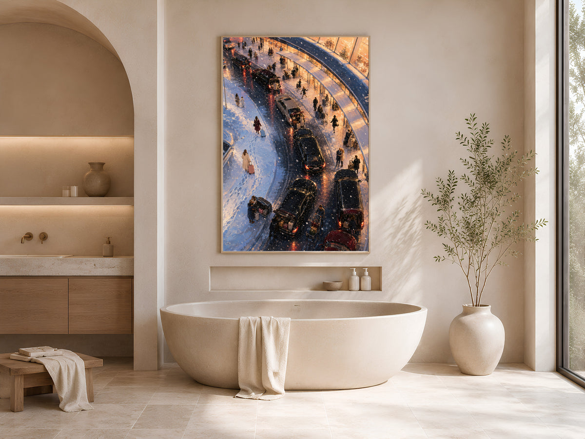 Airport departures print framed above soaking tub in neutral arched bathroom