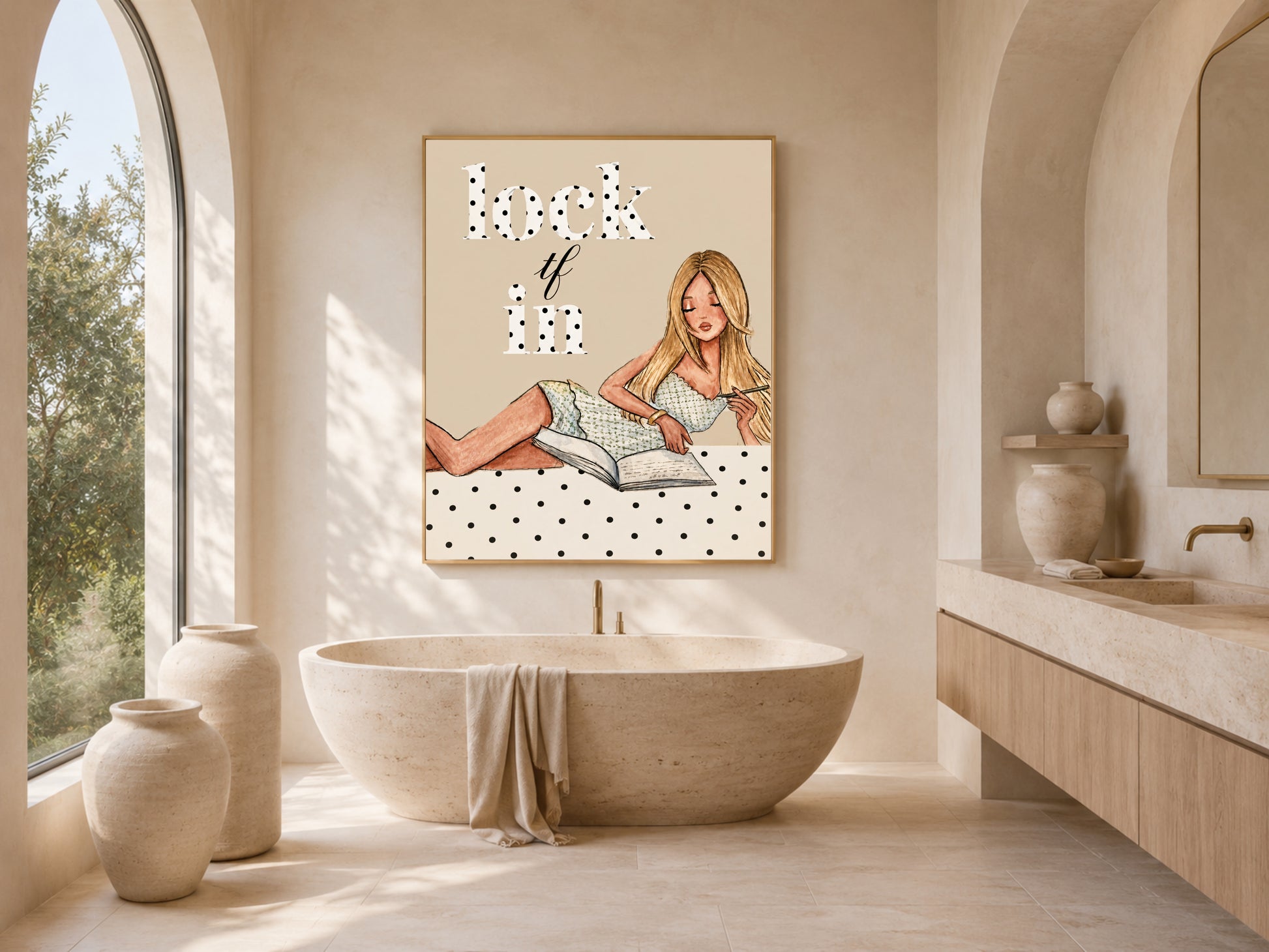 Lock TF In polka dot wall art framed above a freestanding bathtub in a spa-style bathroom
