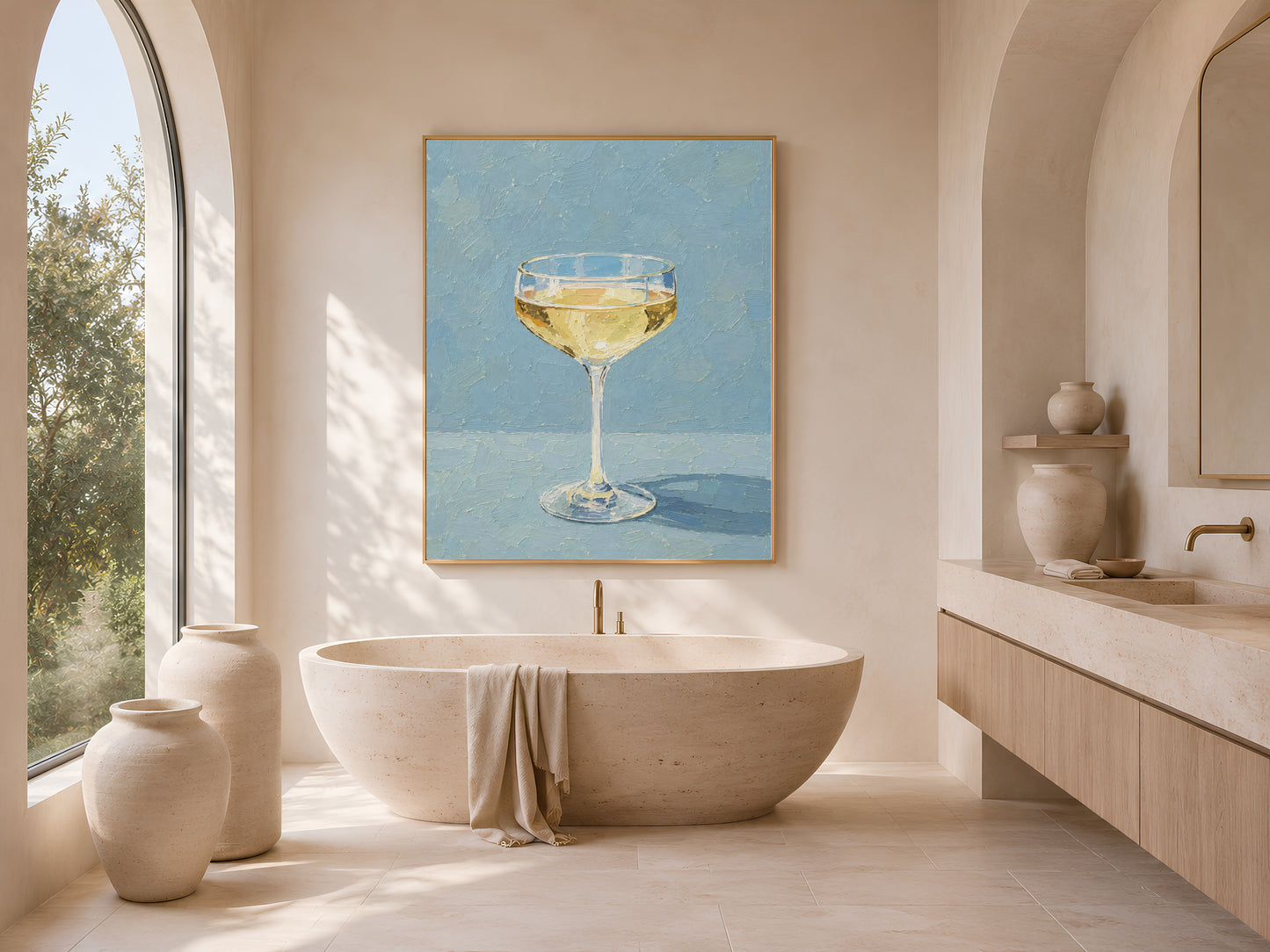Champagne coupe wall art in gold frame above a bathroom vanity with arched window