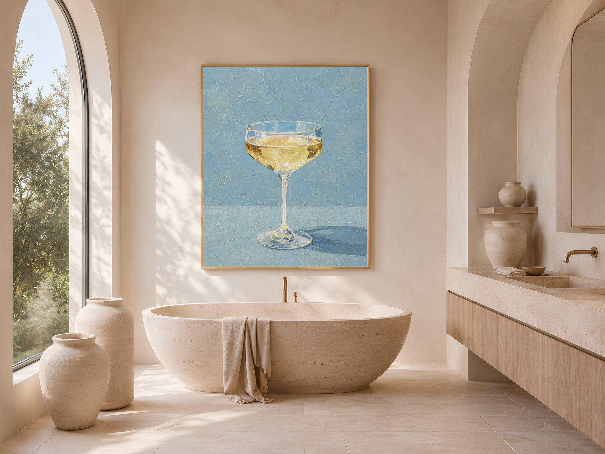 Champagne coupe wall art in gold frame above a bathroom vanity with arched window
