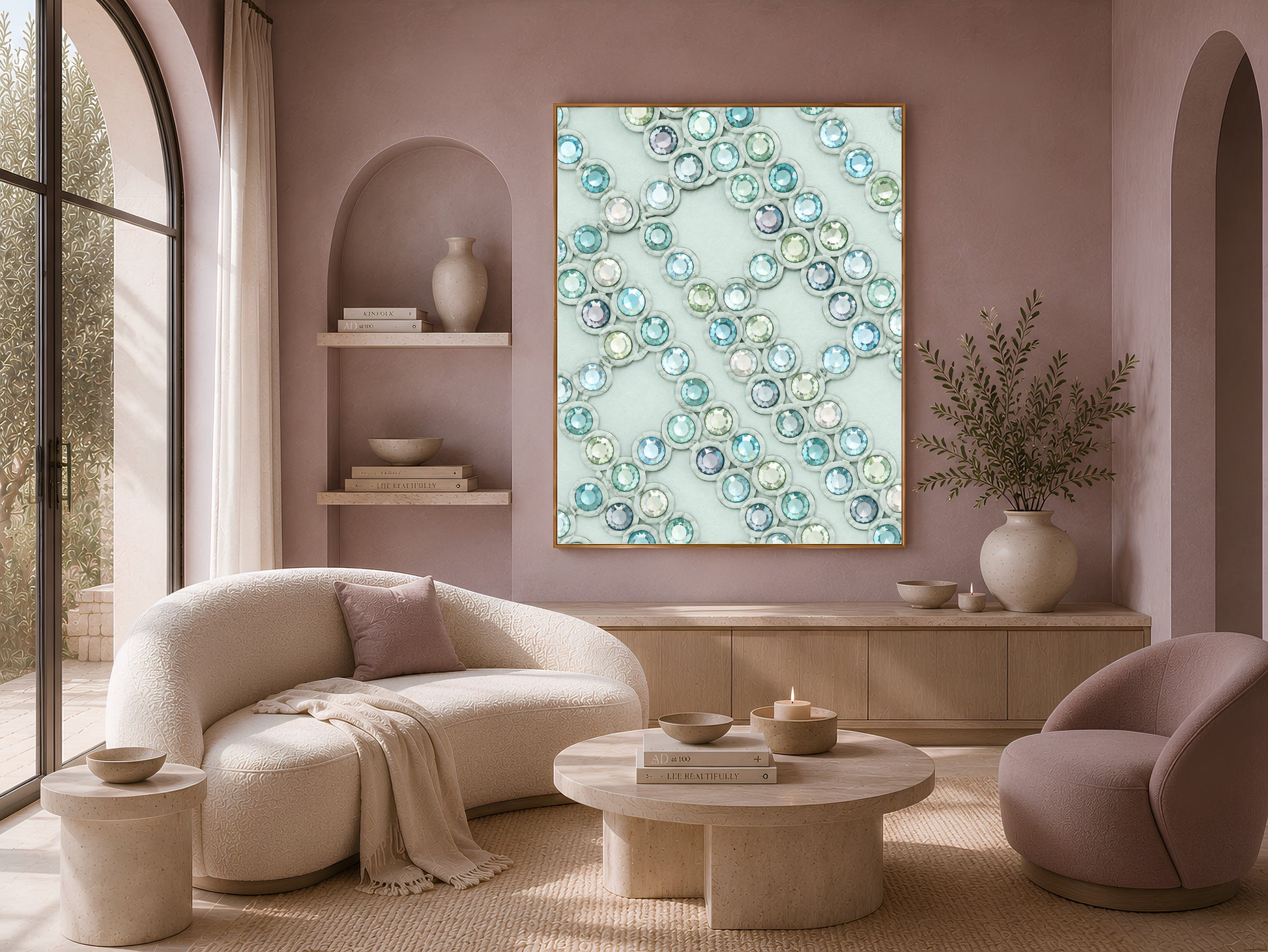 Crystal gemstone wall art framed on a mauve wall above a cream sofa