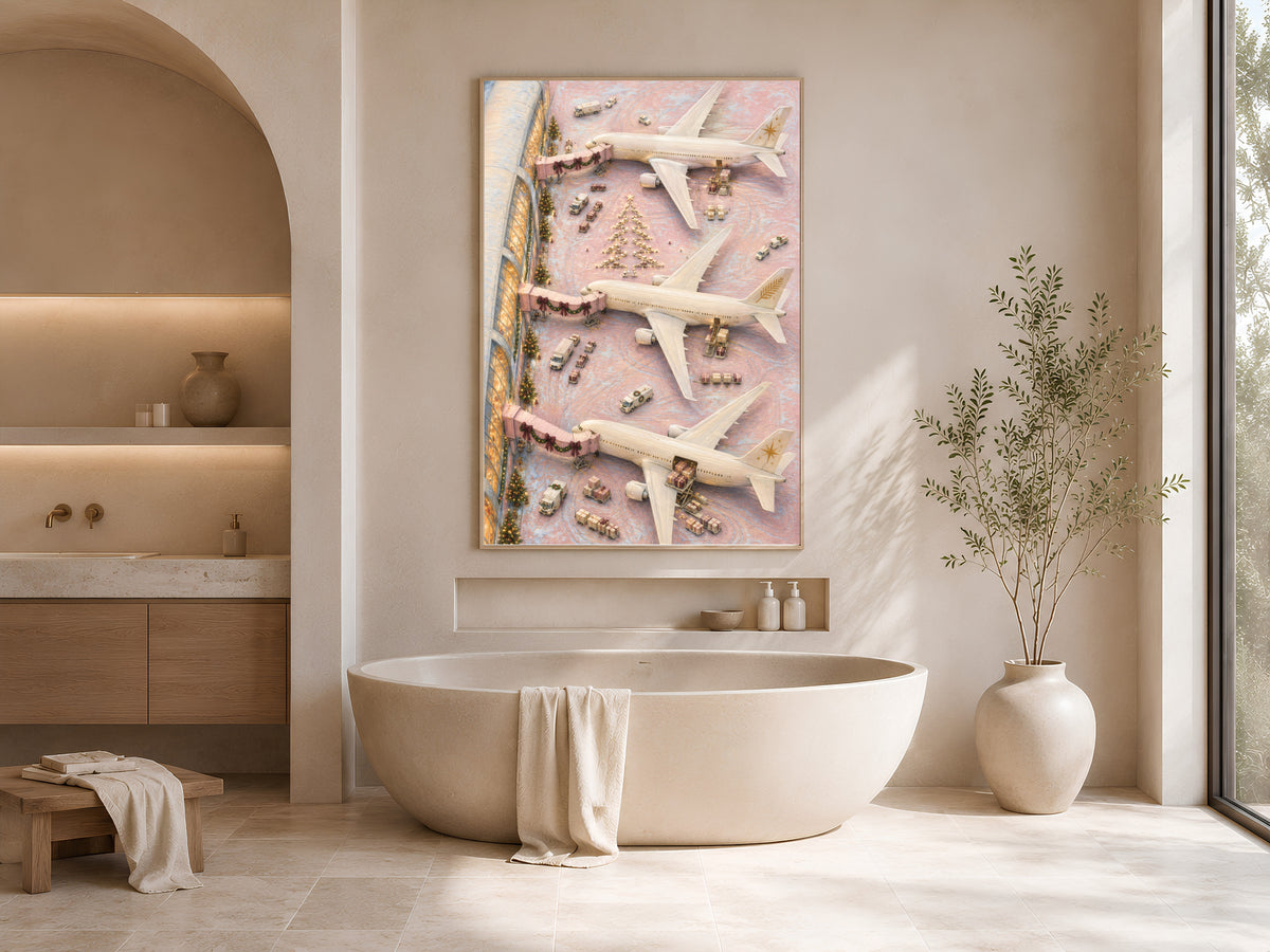 Whimsical airplane print framed above soaking tub in neutral arched bathroom