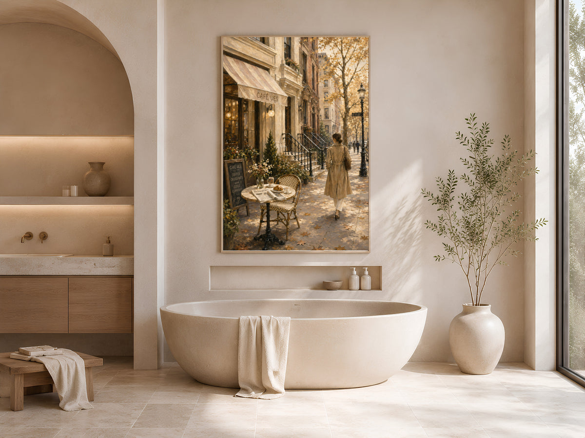 Autumn NYC cafe wall art framed print displayed above bathtub in spa-style bathroom