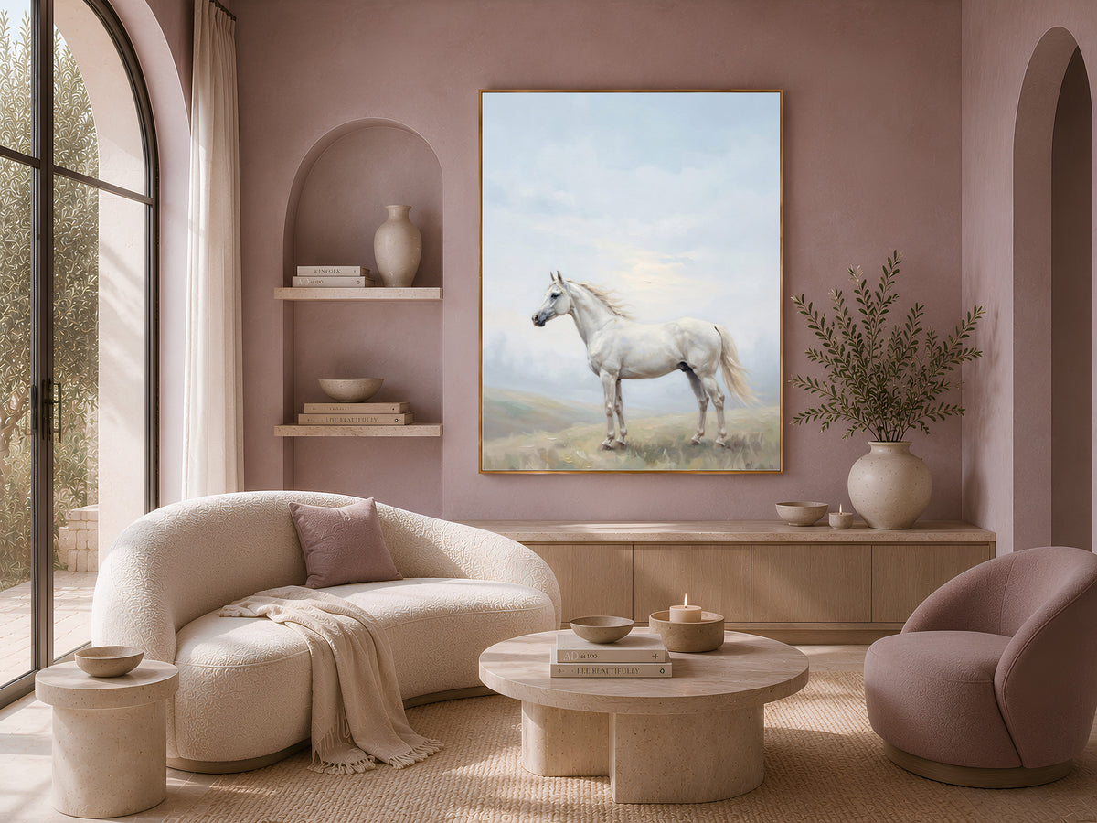White Horse Wall Art, Misty Hills Oil Painting Print - Digital Download