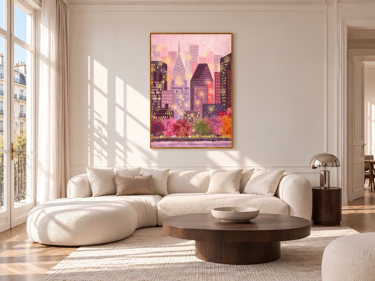 Pink New York City Art Print, Rainy Day NYC Skyline Illustration with Yellow Taxis, Whimsical Gouache Style City Decor, Digital Download