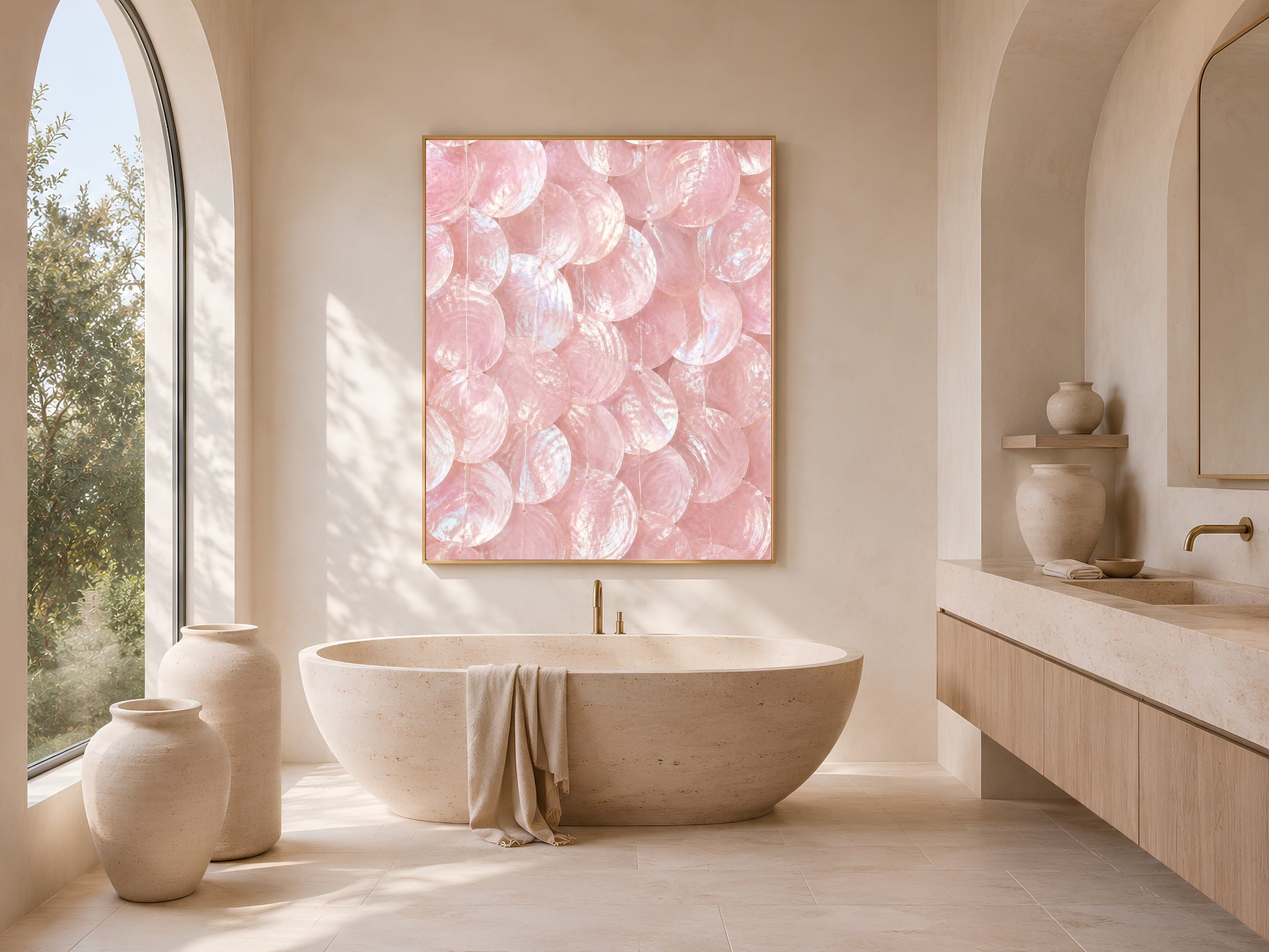 Pink capiz shell wall art print in a gold frame above a freestanding tub in an arched, sunlit bathroom.
