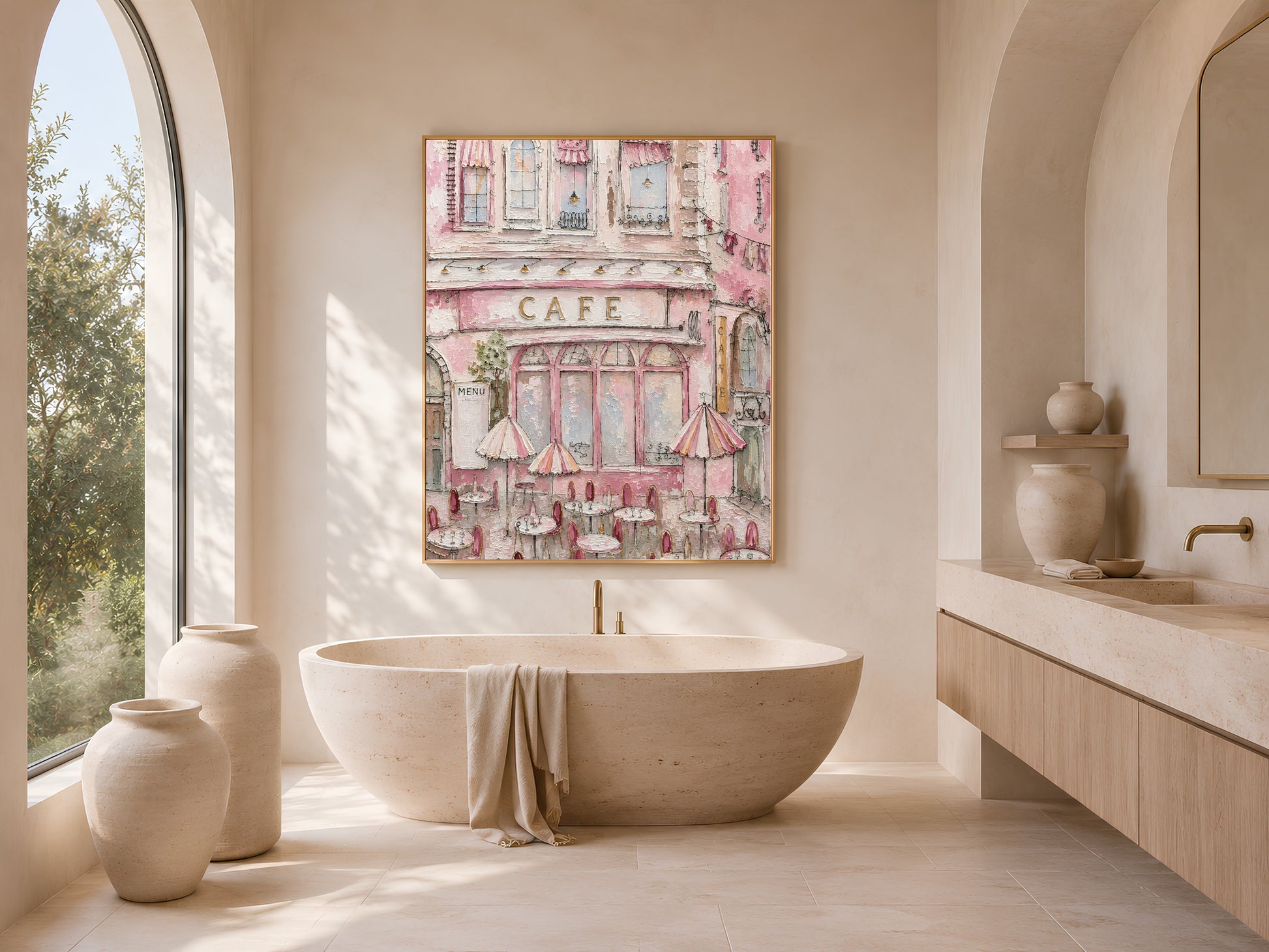 Parisian pink cafe wall art in a gold frame above a bathroom vanity with a freestanding tub and arched window
