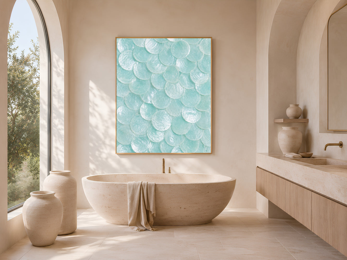 Seafoam capiz shell print in a gold frame hung above a freestanding tub in a coastal bathroom.