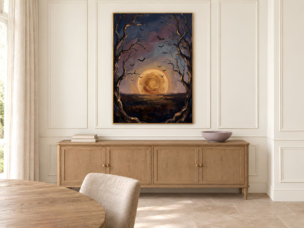 Moon and Bats Wall Art, Impasto Oil Painting Print - Digital Download