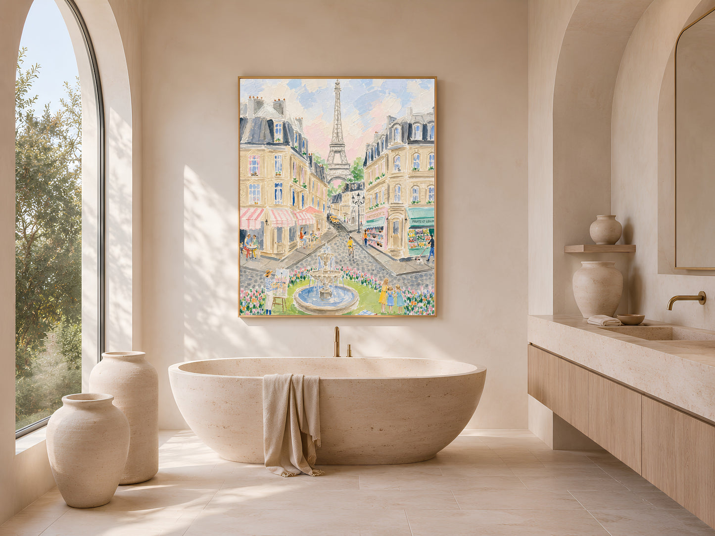Impasto Paris street scene wall art in a gold frame above a freestanding oval bathtub in a bright minimal bathroom with arched window and ceramic vases
