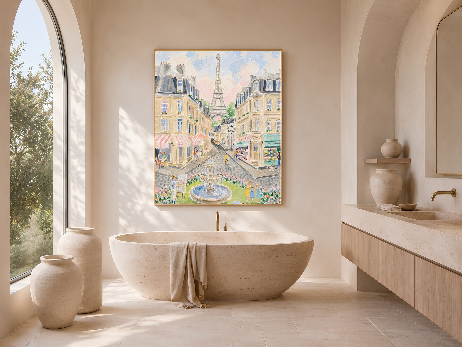 Impasto Paris street scene wall art in a gold frame above a freestanding oval bathtub in a bright minimal bathroom with arched window and ceramic vases
