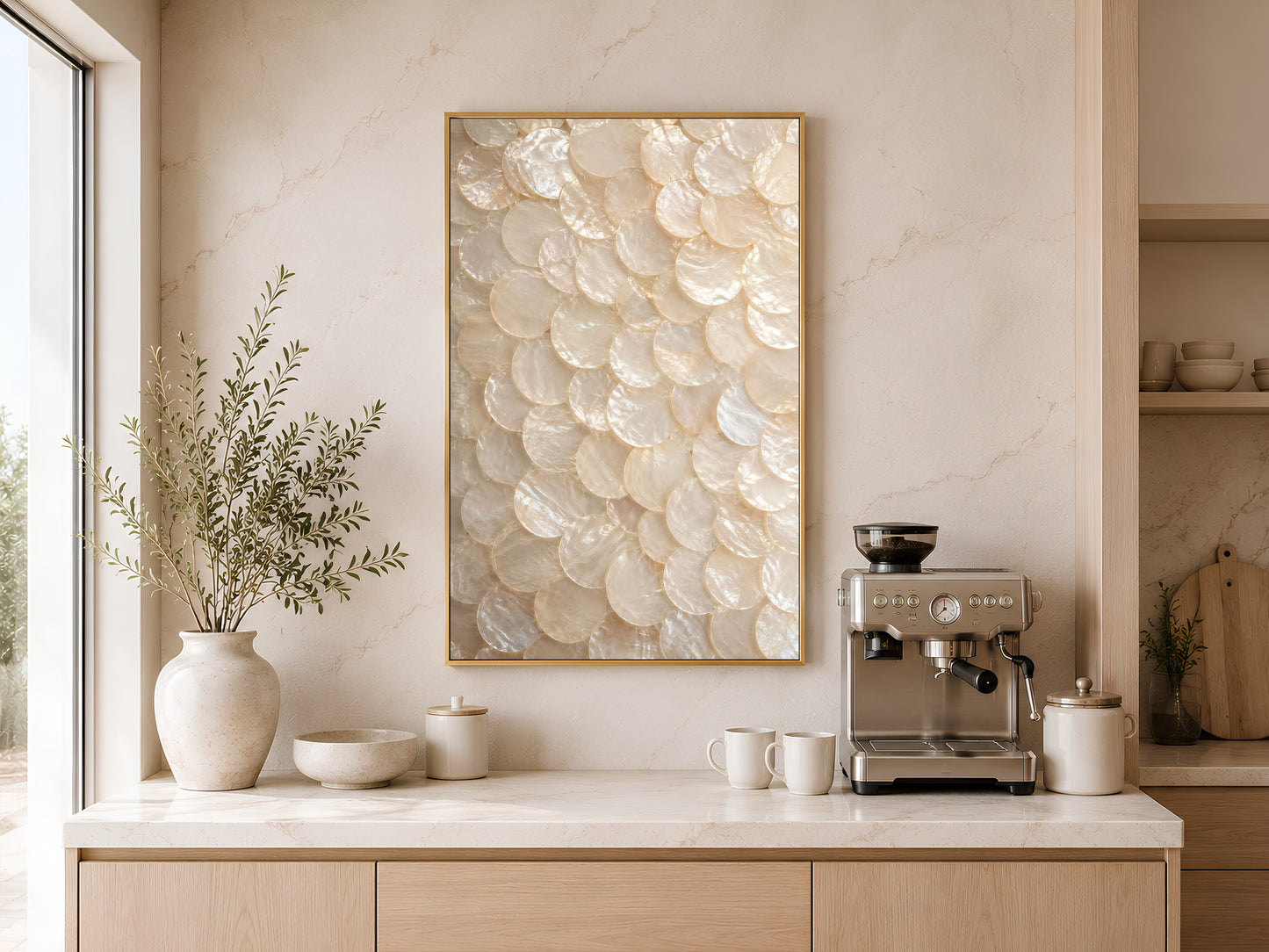 Neutral pearl shell wall art printable hanging above a coffee station in a warm organic modern kitchen with Mediterranean-inspired decor.