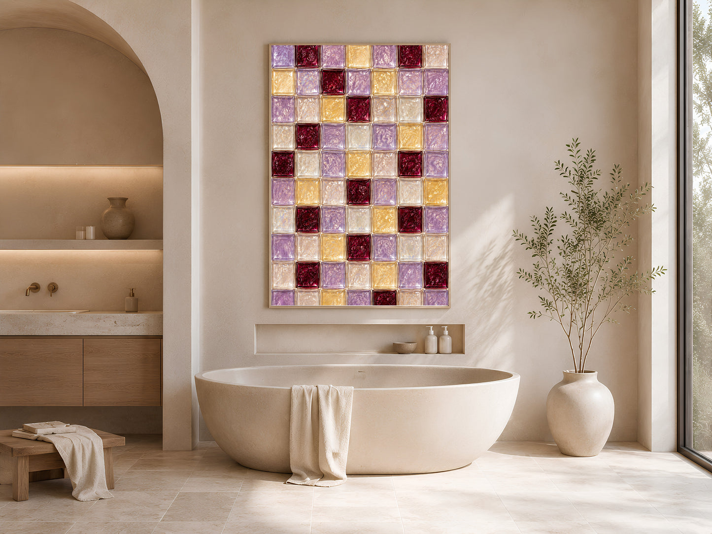 Lilac and gold tile art framed above a bathtub in a neutral bathroom