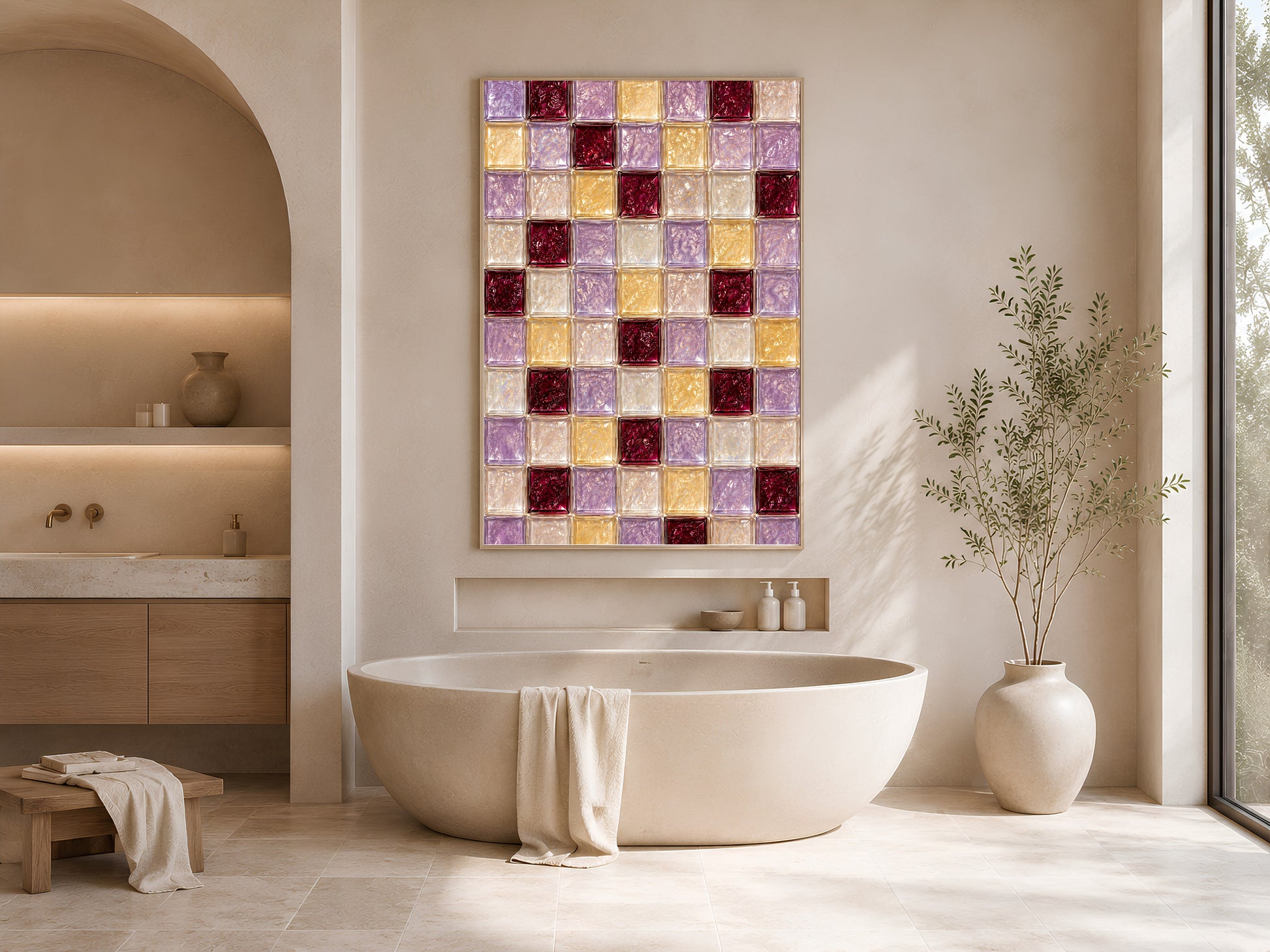 Lilac and gold tile art framed above a bathtub in a neutral bathroom