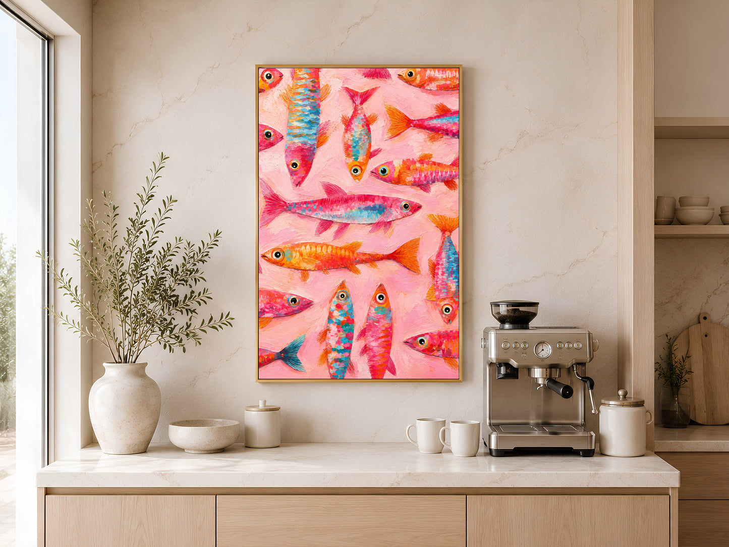 Pink fish wall art printable displayed above a beige coffee station in a bright Mediterranean-style kitchen with soft natural light.