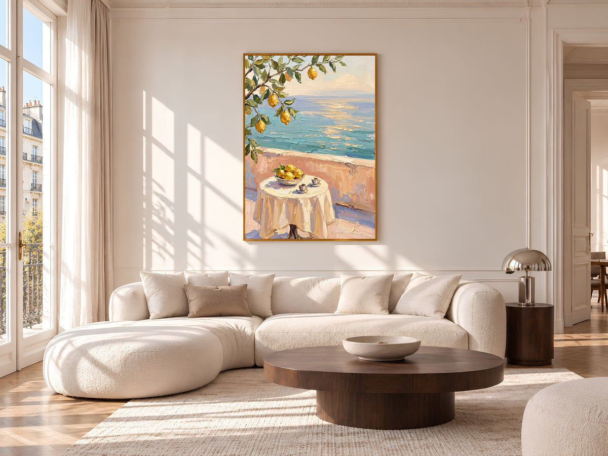 Lemon Tree Sea View Painting Print, Mediterranean Terrace Wall Art, Textured Coastal Art, Printable Digital Download