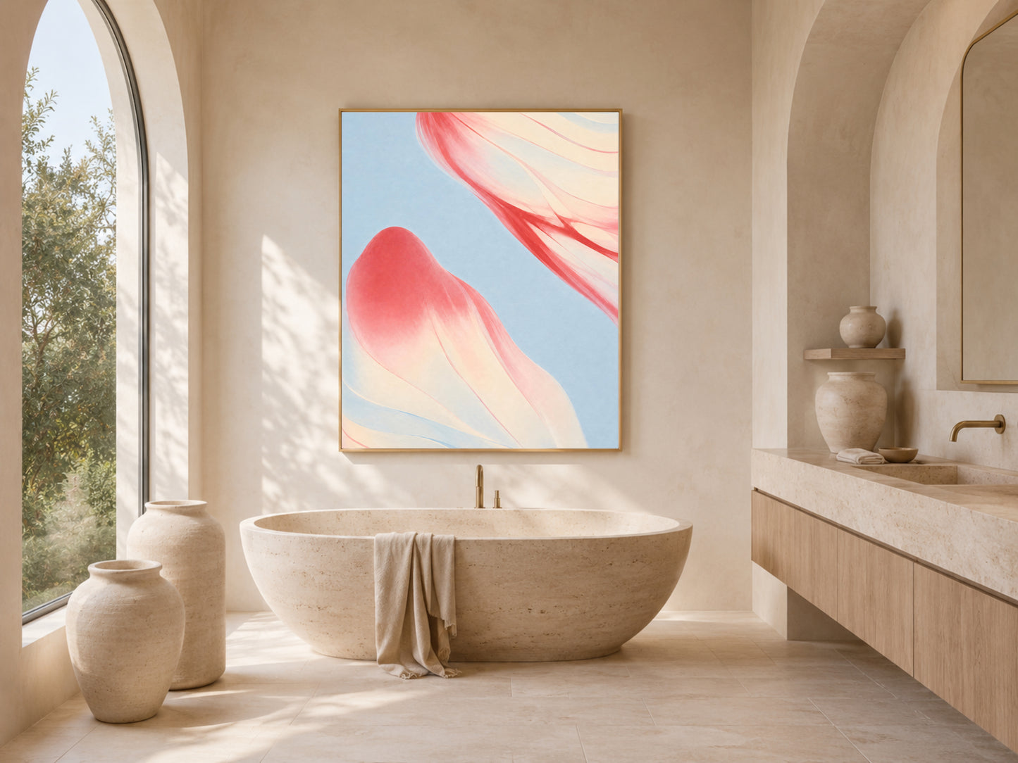 Coral and blue abstract art above bathroom tub, modern coastal spa decor mockup