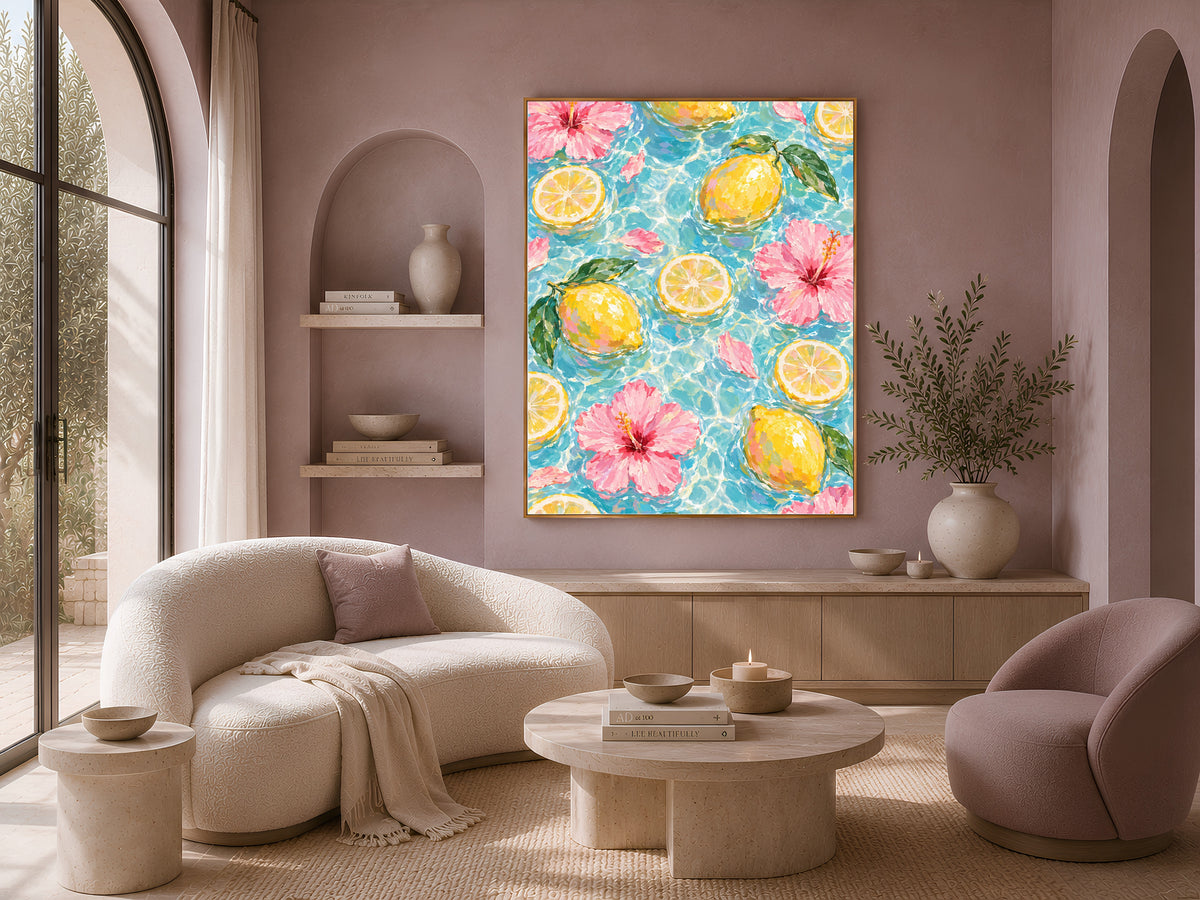 Lemon Hibiscus Pool Art Print, Amalfi Summer Wall Art - Digital Download