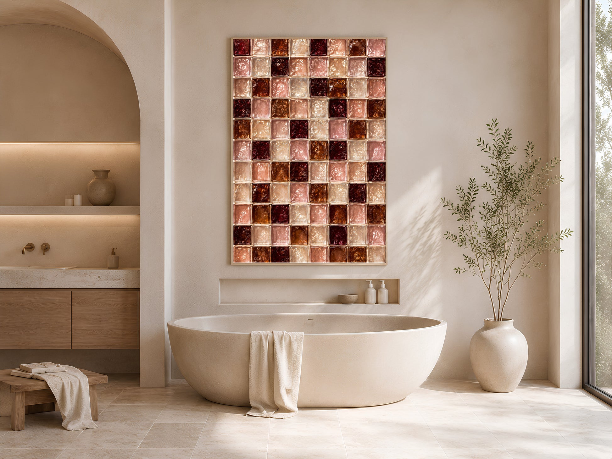 Blush and burgundy tile print framed above a bathtub in a neutral bathroom