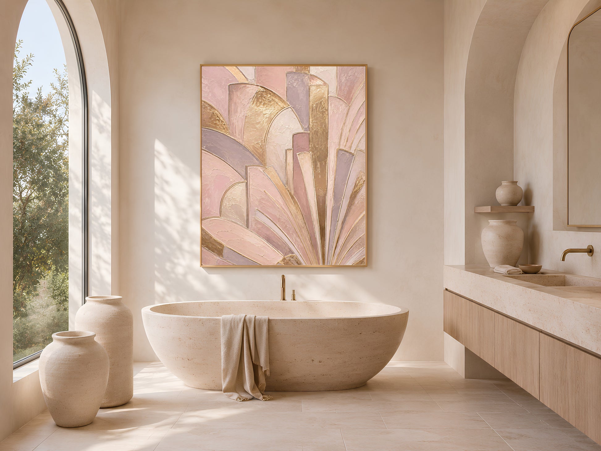 Neo deco textured wall art framed above freestanding tub, blush pink gold bathroom decor
