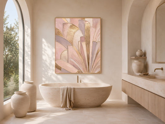 Neo deco textured wall art framed above freestanding tub, blush pink gold bathroom decor
