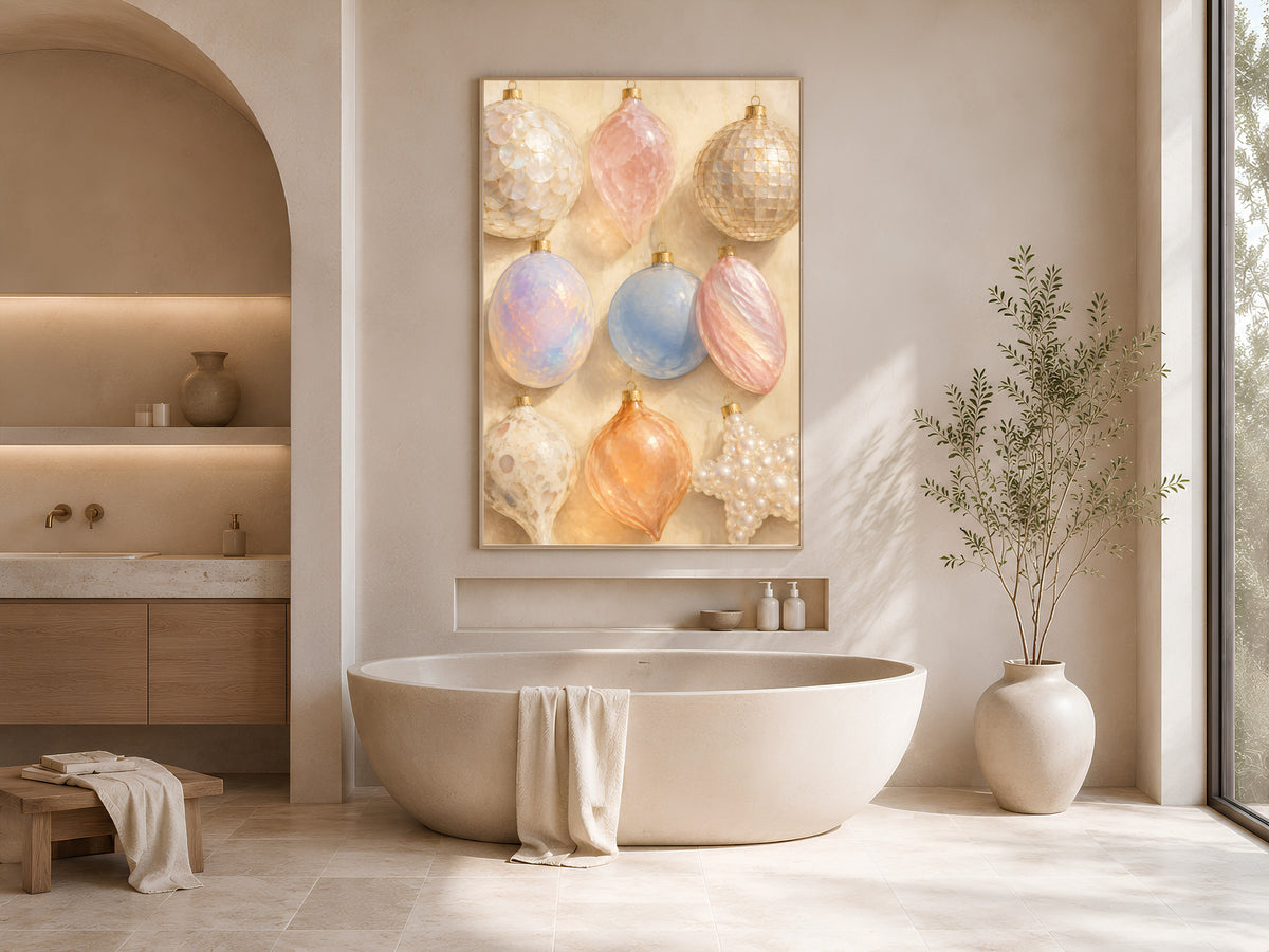 Iridescent ornament wall art framed above a freestanding tub in a warm neutral bathroom