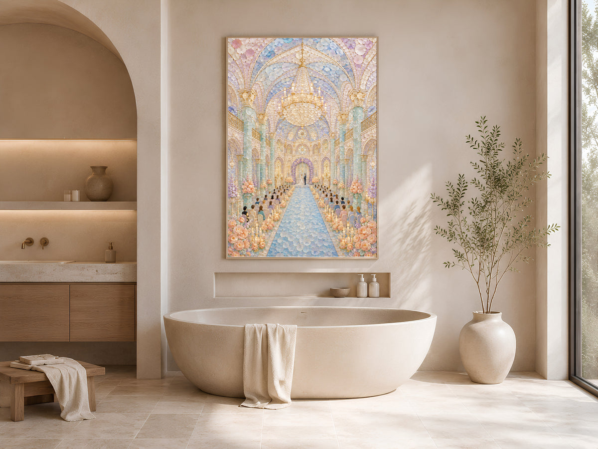 Pastel Wedding Chapel Wall Art, Whimsical Mosaic Cathedral Print - Digital Download