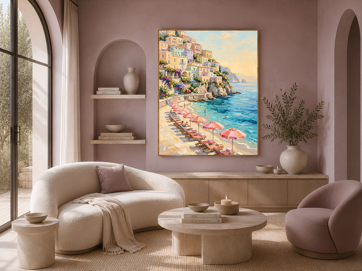 Positano Wall Art, Amalfi Coast Beach Club Oil Painting Print - Digital Download