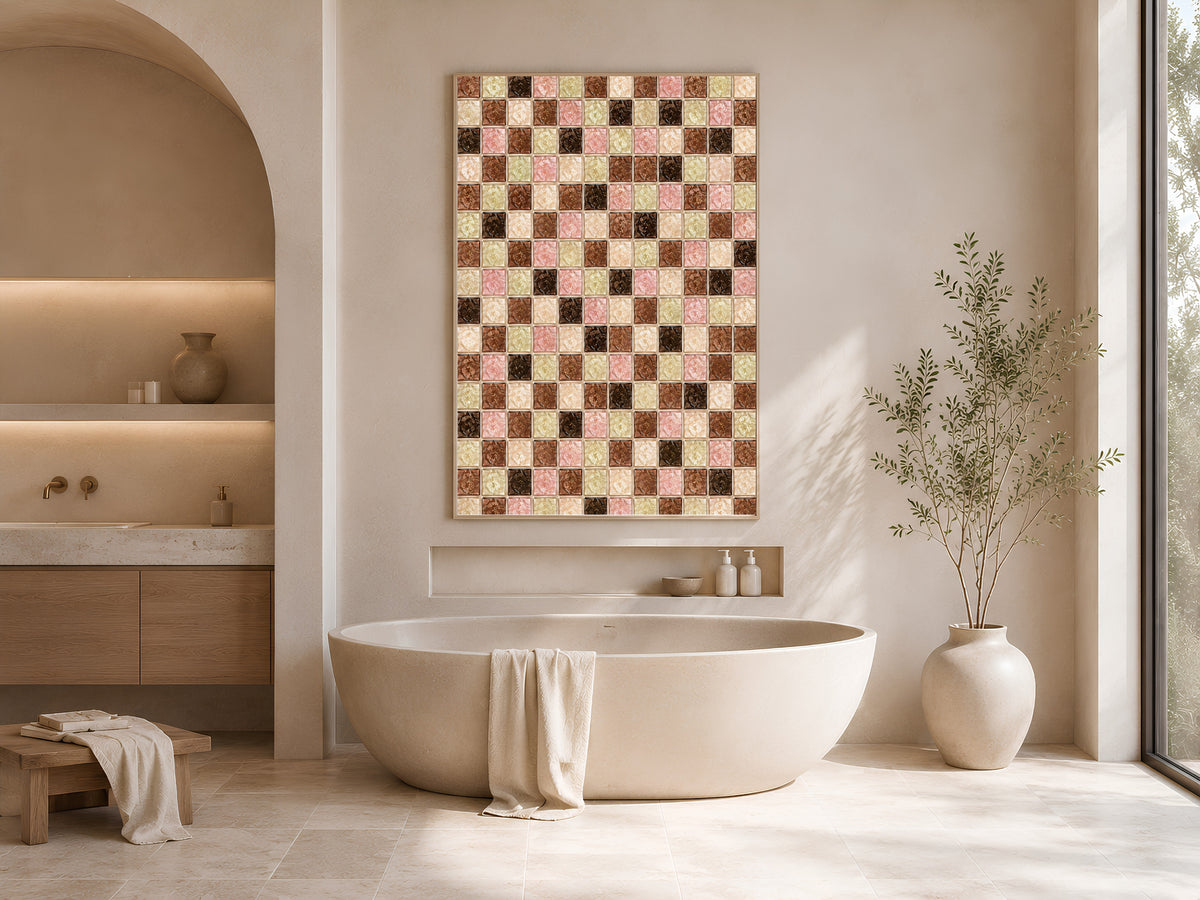 Chocolate sage mosaic wall art framed above a freestanding bathtub in a warm neutral bathroom
