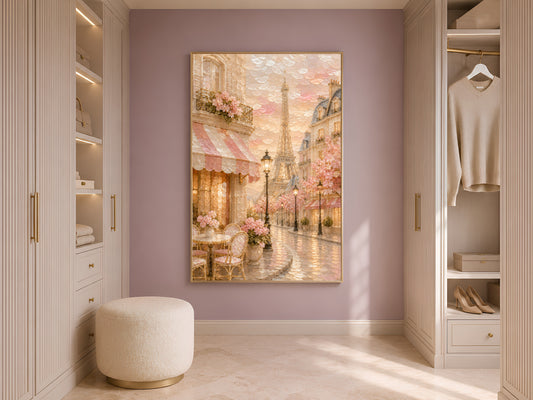 Paris cafe print framed in gold displayed in neutral closet with open shelving
