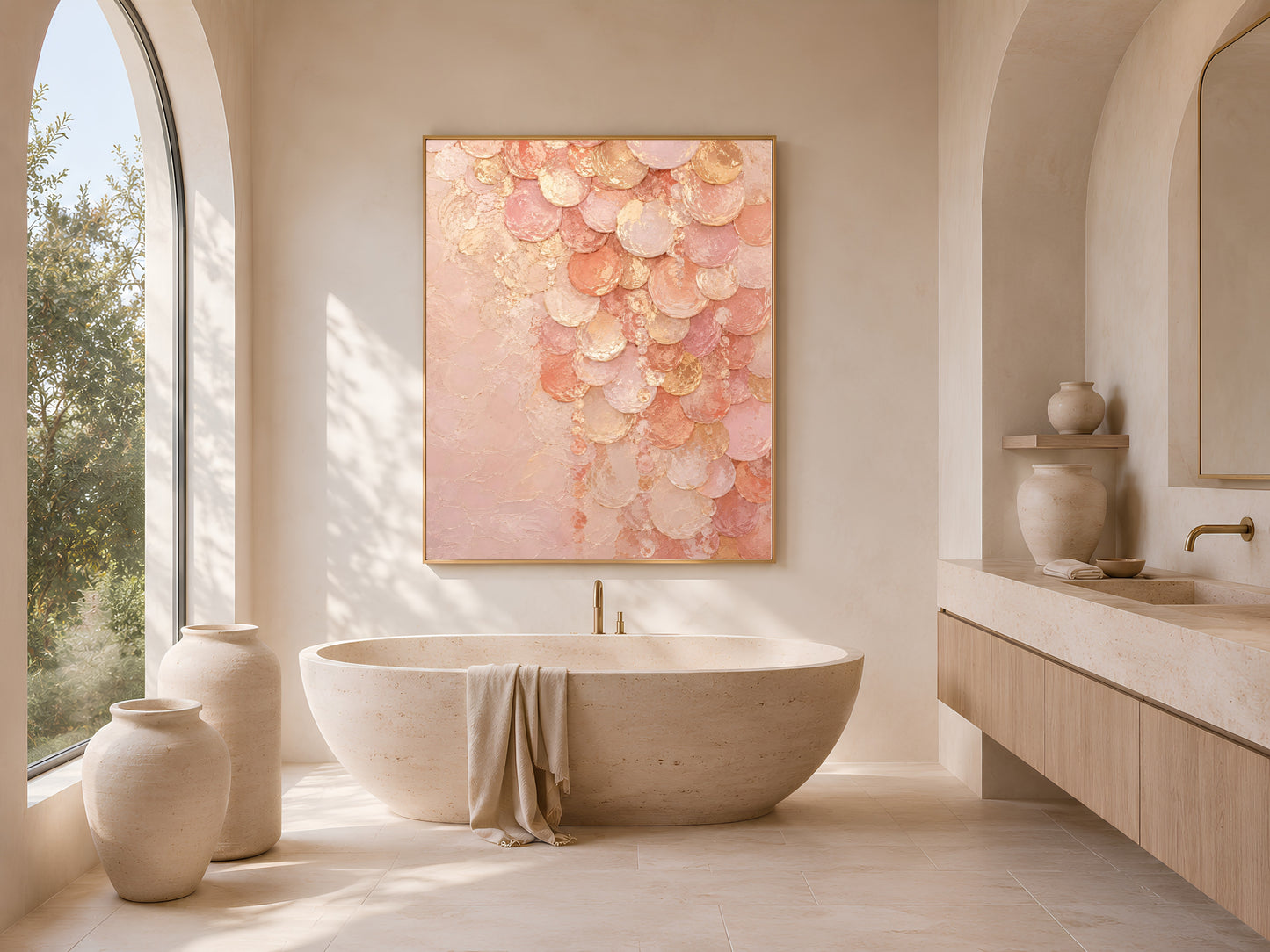 Blush pink capiz shell wall art above freestanding tub in arched bathroom
