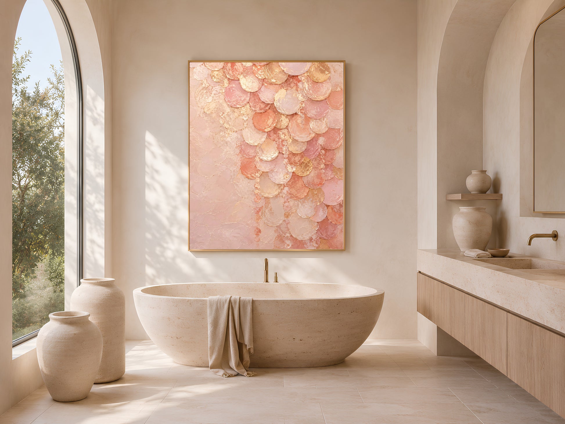 Blush pink capiz shell wall art above freestanding tub in arched bathroom
